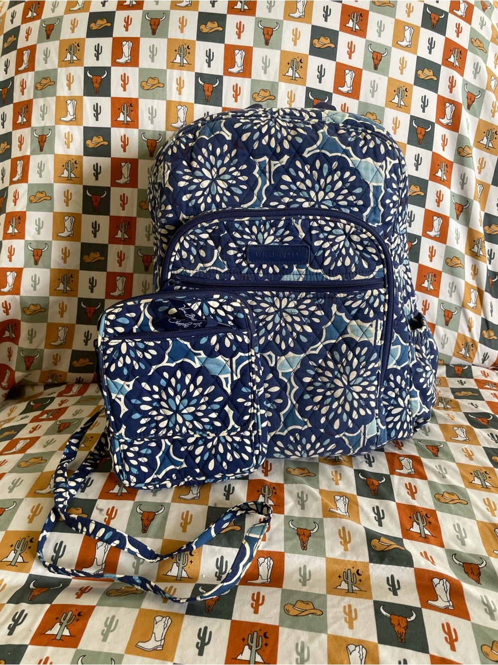 Vera Bradley Navy Floral Quilted Backpack with Matching Crossbody